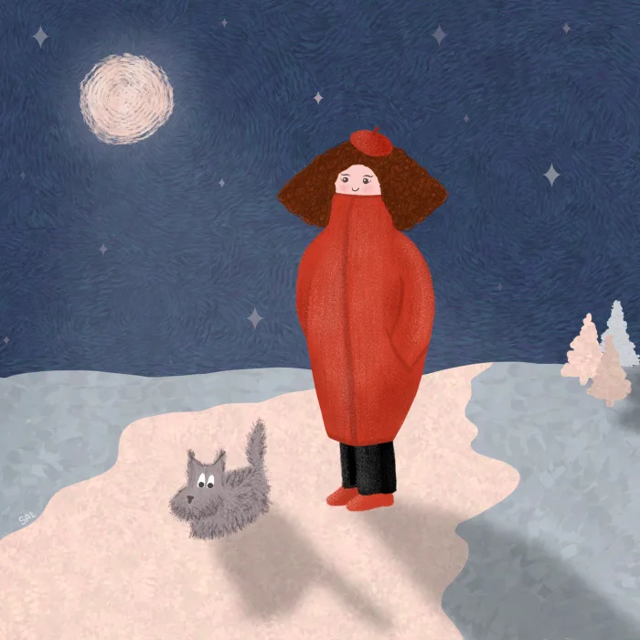 Illustration: Frau beim nächtlichen Hundespaziergang in der Kälte