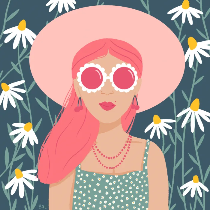 Illustration: Frau mit Hut, Blumenmuster