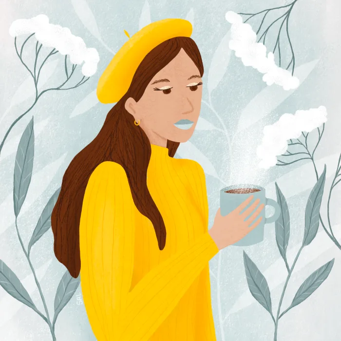 Illustration: Frau mit Kaffee in der Kälte, Winter
