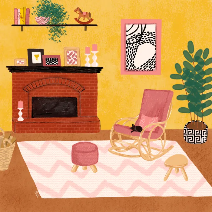 Interieur Illustration: Wohnzimmer, Kamin, Katze, ..